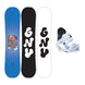 RecessPackageMini- The GNU Recess Snowboard shown next to a white and black snowboard binding