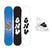 RecessPackageMini- The GNU Recess Snowboard shown next to a white and black Bent Metal snowboard binding