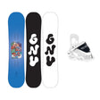 RecessPackageMini- The GNU Recess Snowboard shown next to a white and black Bent Metal snowboard binding