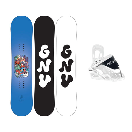 RecessPackageMini- The GNU Recess Snowboard shown next to a white and black Bent Metal snowboard binding
