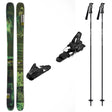 Reckoner102w_Strive14- A ski gear set on a plain white background, including a pair of skis with a green and black graphic pattern, two black ski bindings, and two black ski poles with white branding.