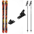 Reckoner92w_Strive12- A ski gear bundle featuring a pair of K2 skis with a vibrant orange, yellow, and black flame-patterned, two black Atomic bindings, and two black ski poles on a plain white background.
