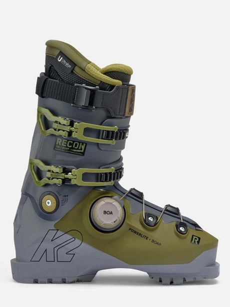 Recon130BOA- Gray and green ski boot with 'Recon' branding on a white background