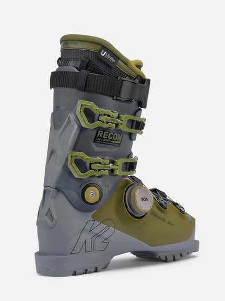 Recon130BOA- Gray and green ski boot with 'Recon' branding on a white background