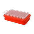RectangularWhiteNylonBrush- A rectangular red brush with numerous light white bristles, shown on a plain white background.