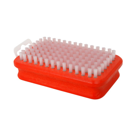 RectangularWhiteNylonBrush- A rectangular red brush with numerous light white bristles, shown on a plain white background.
