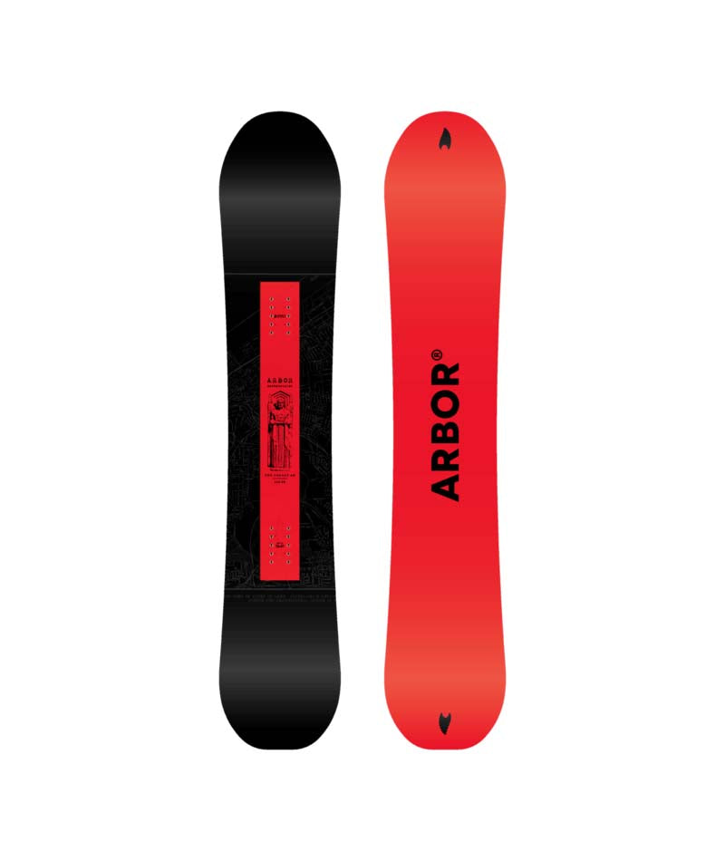 RedGerardAM-Black and red snowboard with 'Arbor' branding on a white background