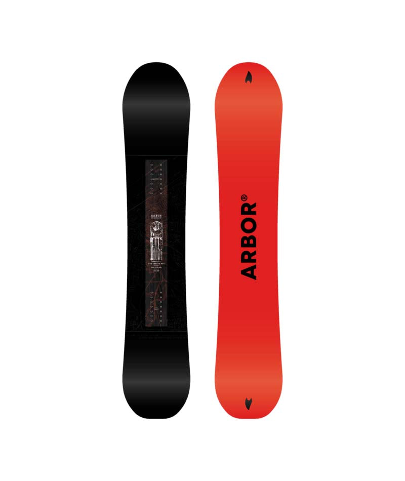 RedGerardPro- Two views of a snowboard one side black, and the other (base) red on a white background