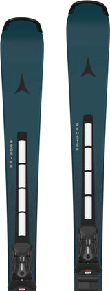 RedsterQ9.8- Pair of blue skis with black bindings on a white background