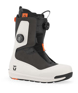 Reset-White snowboard boot with orange accents on a white background