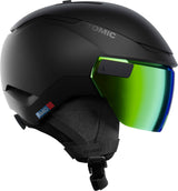 ReventGTAmidVisorHD-Black helmet with a green visor on a white background