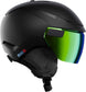 ReventGTAmidVisorHD-Black helmet with a green visor on a white background
