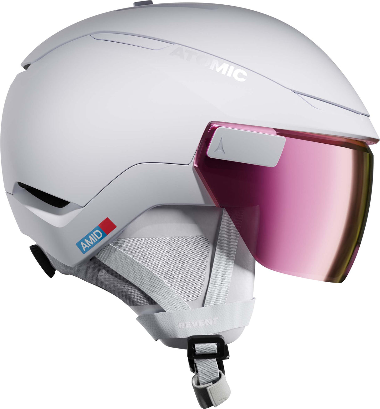ReventGTAmidVisorHD-White helmet with pink visor and AMID logo on a white background