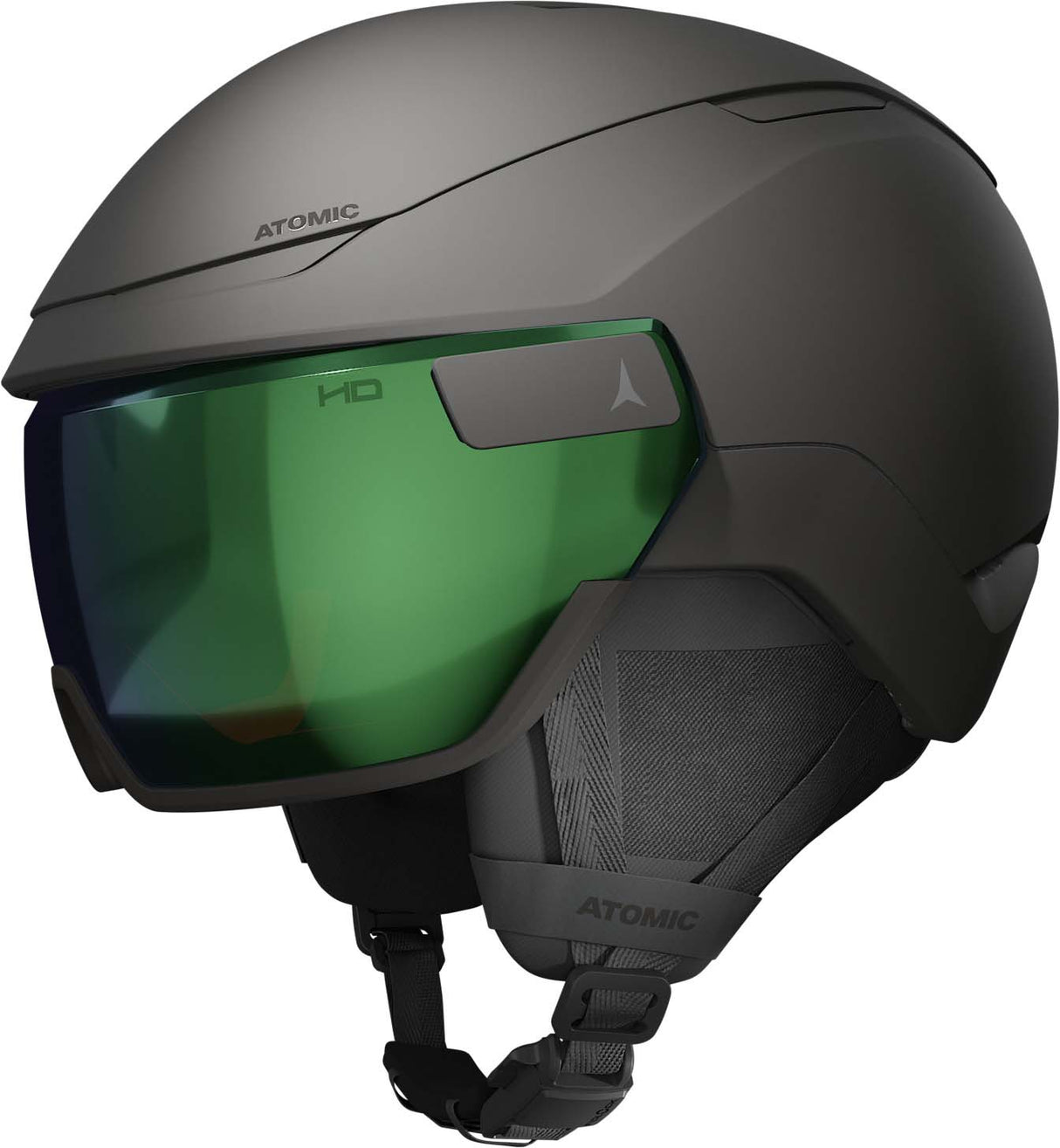 ReventGTAmidVisorHD-Black helmet with a green visor on a white background