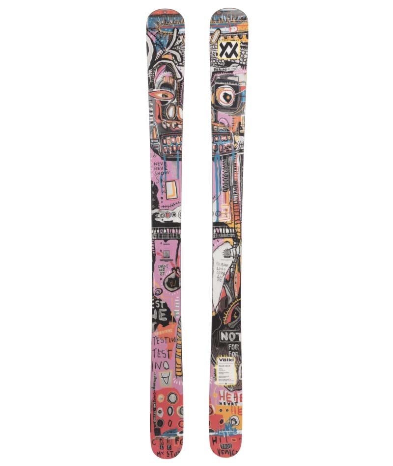 Revolt100JuniorFlat-Pair of skis with colorful graffiti-style design on a white background