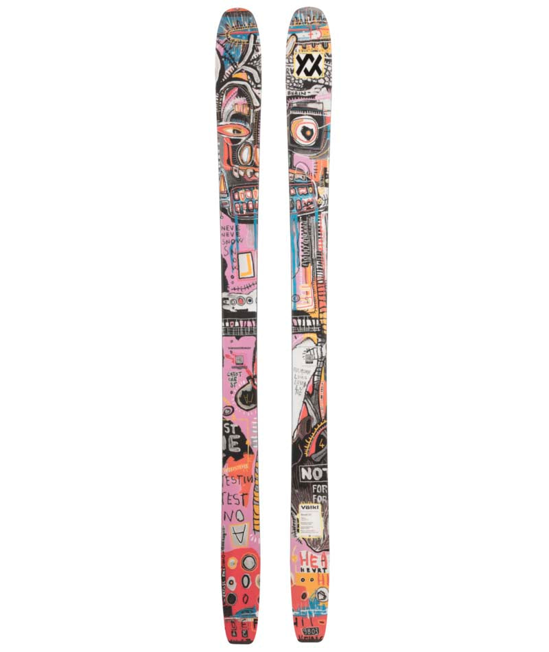 Revolt101Flat- Pair of skis with colorful graffiti-style design on a white background