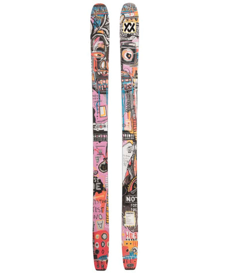 Revolt101Flat- Pair of skis with colorful graffiti-style design on a white background