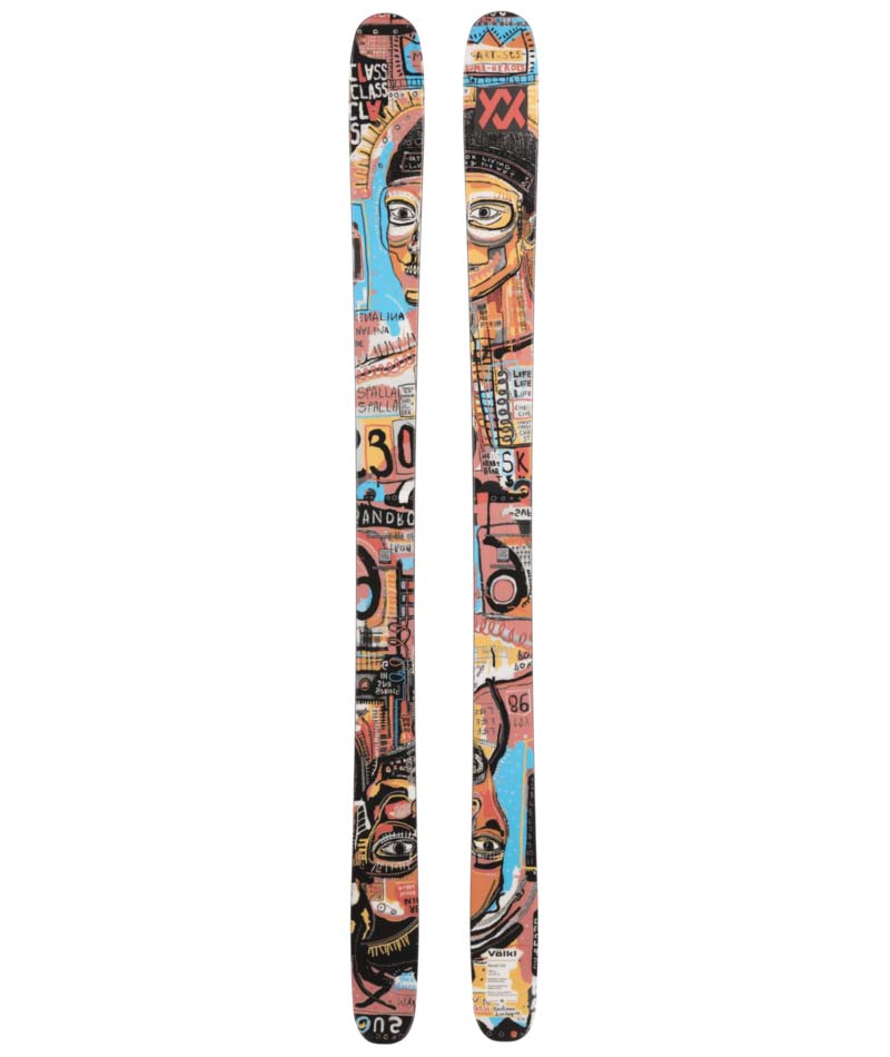 Revolt104Flat-Colorful skis with artistic design on a white background