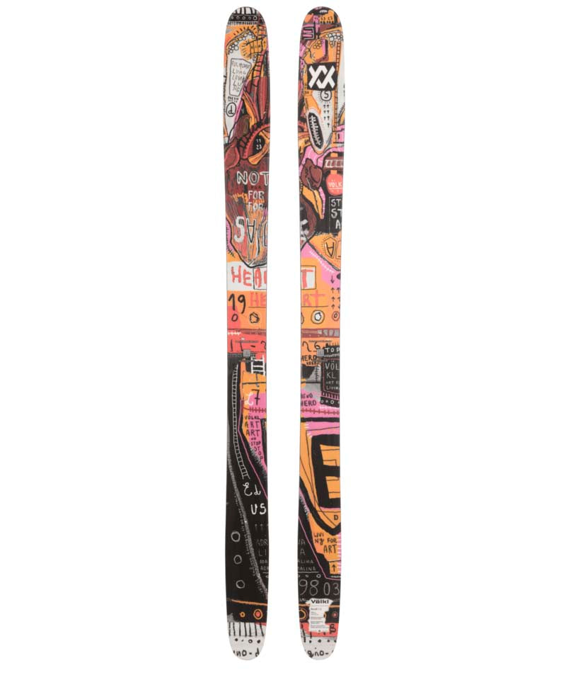 Revolt112Flat-Pair of skis with colorful graphics on a white background