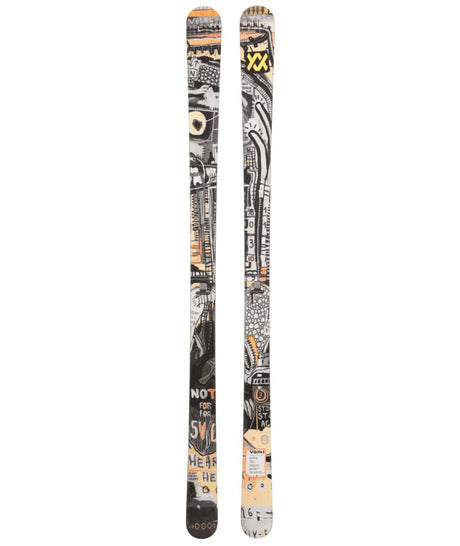 Revolt86Flat-Two skis with a colorful design on a white background