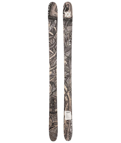 Revolt96Flat-Two skis with a detailed pattern on a white background