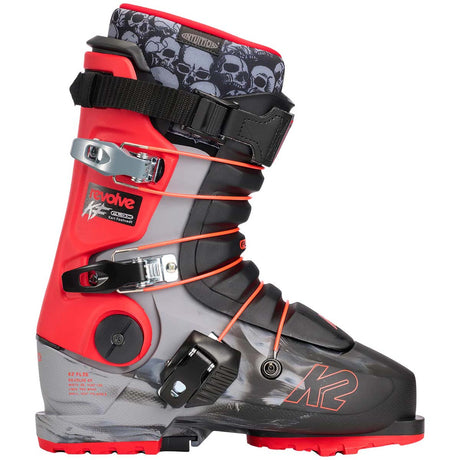 RevolveKF-A single ski boot from K2 Revolve, featuring a color-blocked design of red, gray, and black with orange accents, including a skull pattern on the inner collar.