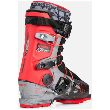 RevolveKF-A single ski boot from K2 Revolve, featuring a color-blocked design of red, gray, and black with orange accents, including a skull pattern on the inner collar.