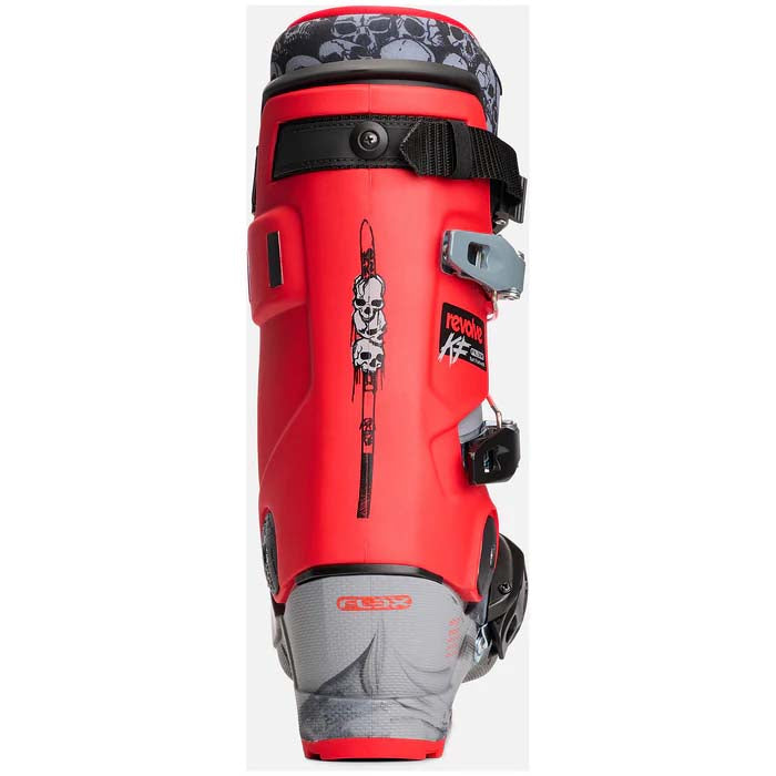 RevolveKF-A single ski boot from K2 Revolve, featuring a color-blocked design of red, gray, and black with orange accents, including a skull pattern on the inner collar.