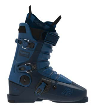 Revolve-Blue ski boot with black accents on a white background