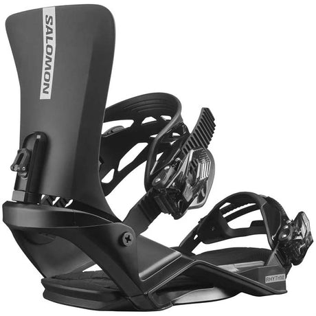 Rhythm- Black snowboard bindings on a white background 