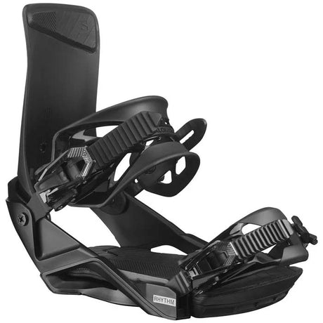 Rhythm- Black snowboard bindings on a white background 