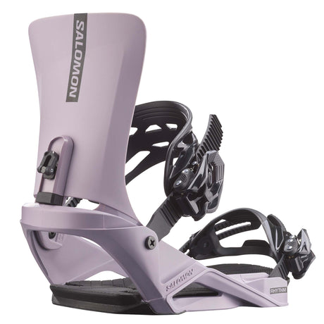 Rhythm- Light purple snowboard bindings on a white background