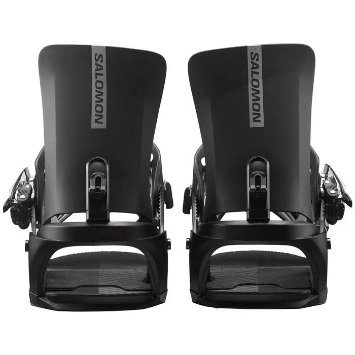 Rhythm- Black snowboard bindings on a white background 