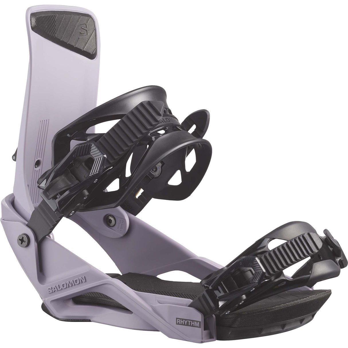 Rhythm- Light purple snowboard bindings on a white background