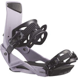 Rhythm- Light purple snowboard bindings on a white background