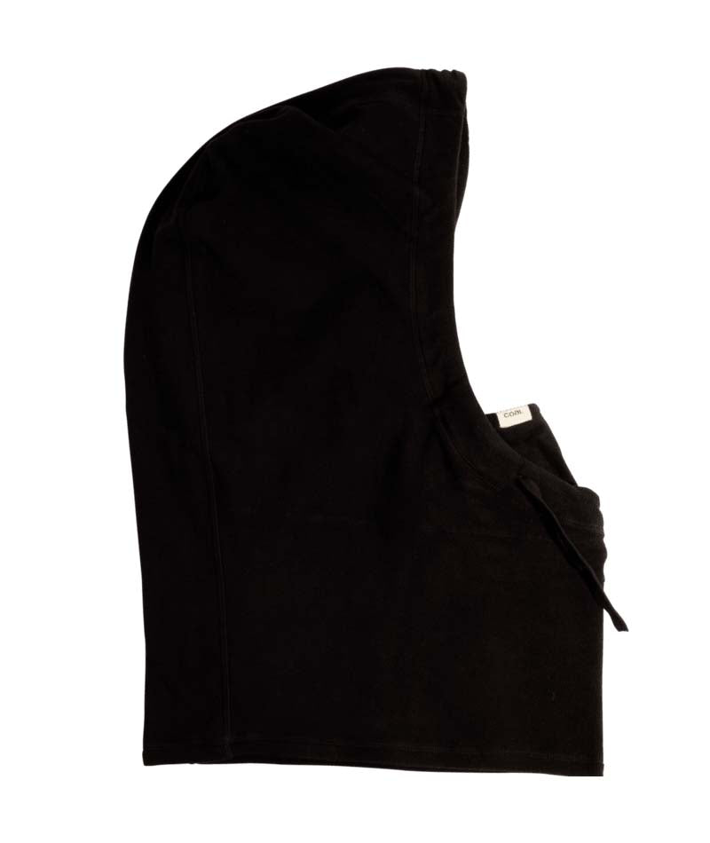 RidgeHoodTechFleece- Black hooded balaclava on a white background