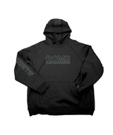 RidingHoodie-Black hoodie with 'ROME' branding on a white 