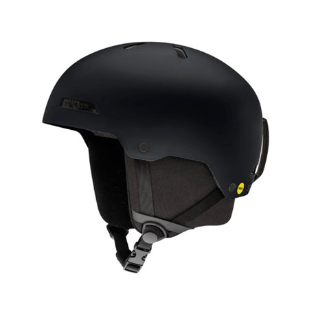 RodeoJr.MIPS-Black helmet with a visible brand logo on a white background