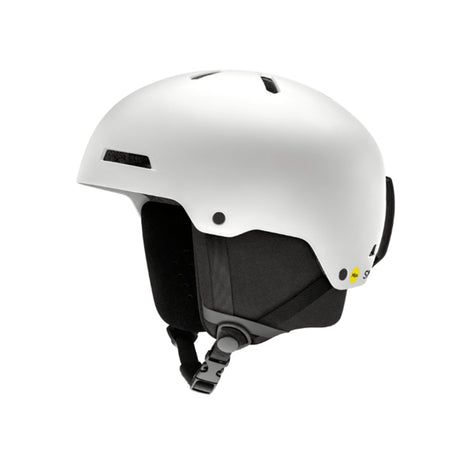 RodeoJr.MIPS-White helmet with black interior and chin strap on a white background