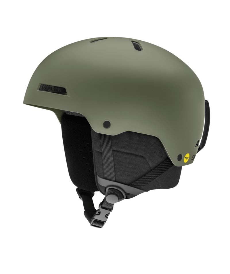 RodeoMips-Green helmet with black strap on a white background