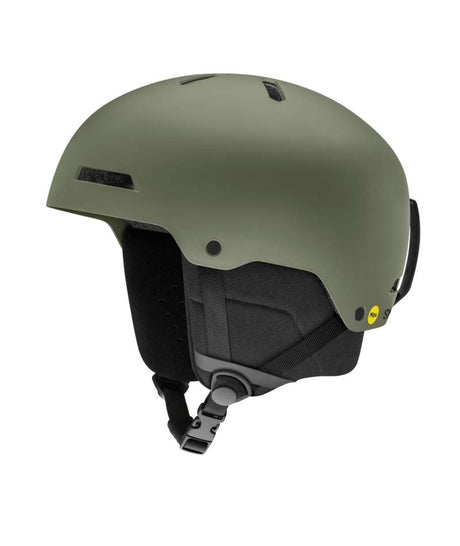 RodeoMips-Green helmet with black strap on a white background