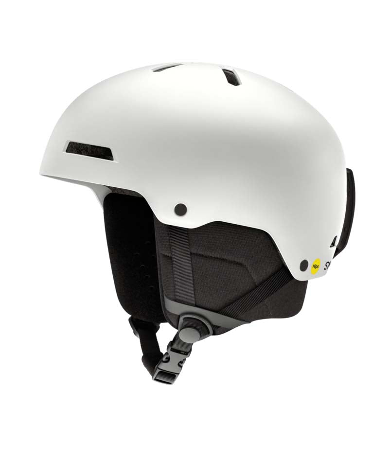 RodeoMips-White helmet with black interior and chin strap on a white background