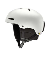 RodeoMips-White helmet with black interior and chin strap on a white background