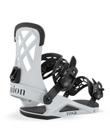 Rosa- Light grey snowboard binding with 'Union' branding on a white background