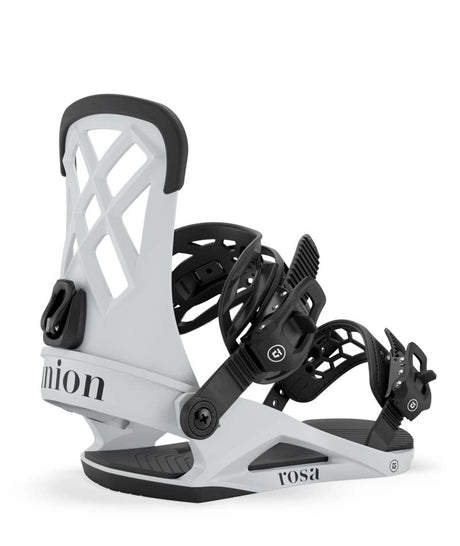 Rosa- Light grey snowboard binding with 'Union' branding on a white background
