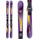 RossignolScratchProSkis-Rossignol Scratch Pro ski shown from three angles: side view, front view, and close-up of the binding area. The ski features a purple and yellow gradient design with black Rossignol bindings.