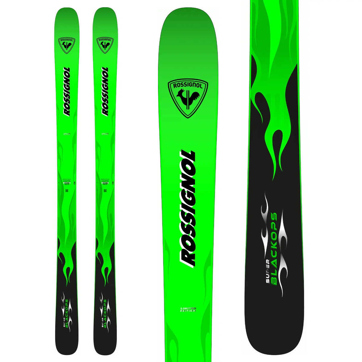 RossignolSuperBlackopsMensSkis2027-Green and black Rossignol ski with flame design on a white background