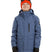 RumbleJacket- A child wearing a blue snowboard jacket, black gloves, and an orange beanie with ski goggles on a white background.
