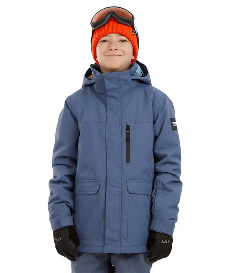 RumbleJacket- A child wearing a blue snowboard jacket, black gloves, and an orange beanie with ski goggles on a white background.