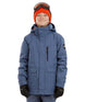 RumbleJacket- A child wearing a blue snowboard jacket, black gloves, and an orange beanie with ski goggles on a white background.